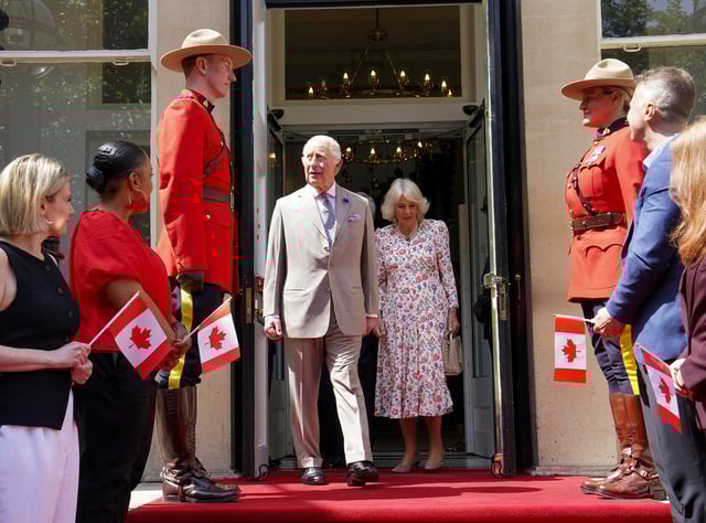 Britain's King Charles and Queen Camilla, visits Canada House, Trafalgar Square, to mark 100 years since it opened in June 1925, in London, Britain May 20, 2025. Arthur Edwards/Pool via REUTERS