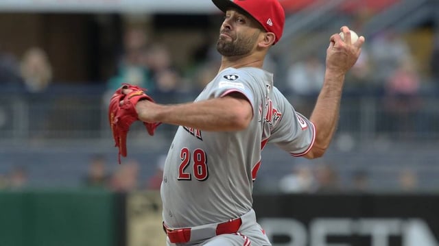 May 20, 2025; Pittsburgh, Pennsylvania, USA; Cincinnati Reds starting pitcher Nick Martinez (28) delivers a pitch against the Pittsburgh Pirates during the first inning at PNC Park. Mandatory Credit: Charles LeClaire-Imagn Images