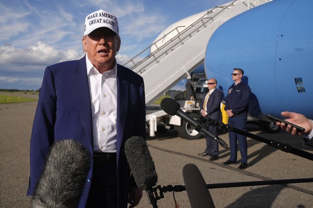 President Donald Trump speaks to reporters before boarding Air Force One at Morristown Municipal Airport in Morristown, N.J., Sunday, May 25, 2025.