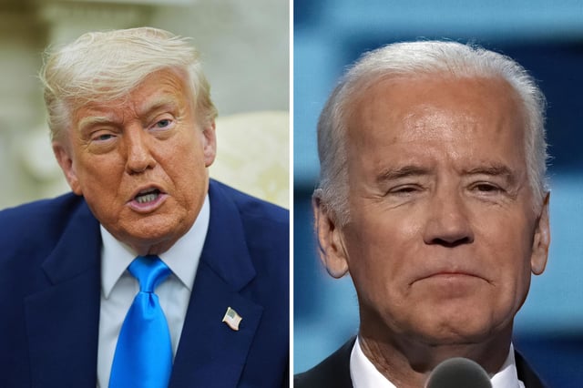Left: President Donald Trump speaks as he meets with South African President Cyril Ramaphosa in the Oval Office of the White House, Wednesday, May 21, 2025, in Washington. Right: Joe Biden pictured from the podium during the 3rd day of the Democratic National Nominating Convention in the Wells Fargo arena in Philadelphia, Pennsylvania, in July 2016.