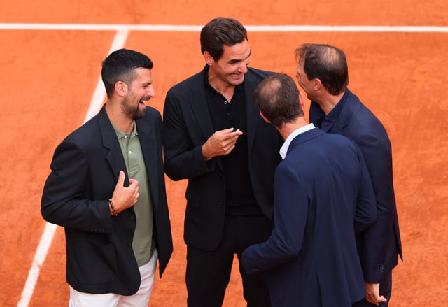 Tennis - French Open - Roland Garros, Paris, France - May 25, 2025 Former tennis player and record French Open winner Spain's Rafael Nadal with Switzerland's Roger Federer, Serbia's Novak Djokovic and Britain's Andy Murray during a tribute ceremony REUTERS/Denis Balibouse