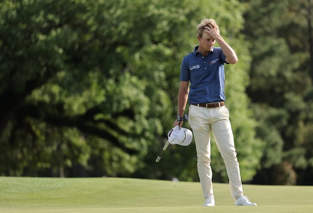 Will Zalatoris of the United States reacts during the second round of the 2025 Masters Tournament at Augusta National Golf Club on April 11, 2025 in Augusta, Georgia.