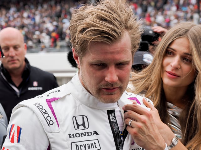 May 25, 2025; Indianapolis, Indiana, USA; Andretti Global driver Marcus Ericsson (28) reacts Sunday, May 25, 2025, after finishing second in 109th running of the Indianapolis 500 at Indianapolis Motor Speedway. Mandatory Credit: Bob Goshert-USA TODAY Network via Imagn Images