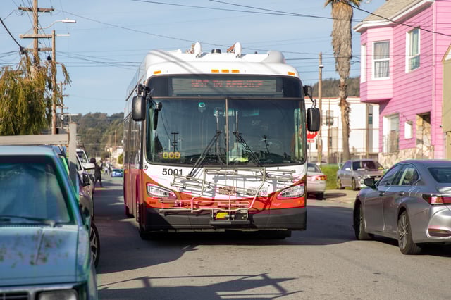 FILE: A New Flyer Electric Bus rides down Sunnyvale Ave during a test ride in San Francisco, California on Dec. 15, 2022.