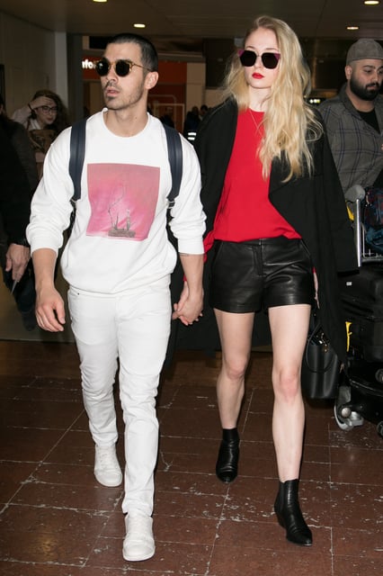 PARIS, FRANCE - MARCH 06:  (L-R) Singer Joe Jonas and actress Sophie Turner arrive at Aeroport Roissy - Charles de Gaulle on March 6, 2017 in Paris, France.  (Photo by Marc Piasecki/GC Images)