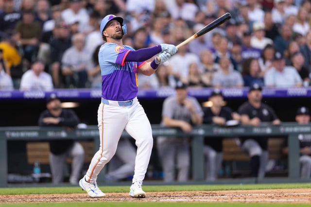 DENVER, COLORADO - MAY 23: Kyle Farmer #6 of the Colorado Rockies takes an at-bat during the fourth inning against the New York Yankees at Coors Field on May 23, 2025 in Denver, Colorado.
