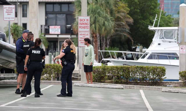 Fort Lauderdale police near the staging area at the Fort Lauderdale Marine Unit office after a boat explosion on Monday, May 26, 2025, in Fort Lauderdale. (Carline Jean/South Florida Sun Sentinel)