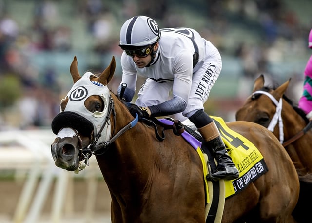 King of Gosford and jockey Flavien Prat race to victory in the $300,000 Grade I Shoemaker Mile on Monday at Santa Anita Park in Arcadia. (Benoit Photo)