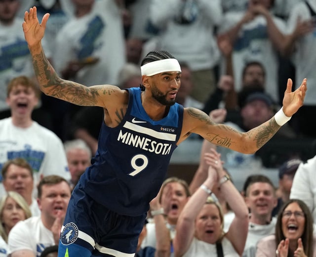 Minnesota Timberwolves guard Nickeil Alexander-Walker (9) reacts against the Oklahoma City Thunder during Game 4 at Target Center.