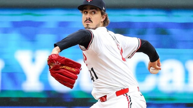 May 21, 2025; Minneapolis, Minnesota, USA; Minnesota Twins pitcher Joe Ryan (41) delivers a pitch against the Cleveland Guardians in the fourth inning during game one of a doubleheader at Target Field. Mandatory Credit: Matt Krohn-Imagn Images