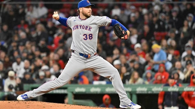 May 21, 2025; Boston, Massachusetts, USA; New York Mets starting pitcher Tylor Megill (38) pitches against the Boston Red Sox during the fourth inning at Fenway Park. Mandatory Credit: Eric Canha-Imagn Images