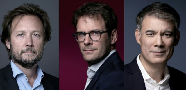Le chef des députés socialistes Boris Vallaud (à gauche), le maire socialiste de Rouen Nicolas Mayer-Rossignol (au centre) et le premier secrétaire du Parti socialiste Olivier Faure