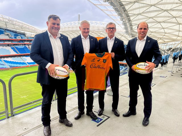 Rugby Australia Director of High Performance Peter Horne, Australian National team Rugby Union coach-in-waiting Les Kiss, Australian National Rugby Union team current coach Joe Schmidt and Rugby Australia Chief Executive Phil Waugh pose at Sydney Football Stadium in Sydney, Australia April 30, 2025 . REUTERS/Nick Mulvenney/File Photo/File Photo