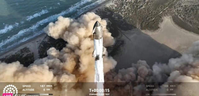 Photographie tirée de la retransmission vidéo du lancement de la fusée Starship de l'entreprise SpaceX, près de Boca Chica, au Texas, le 6 mars 2025