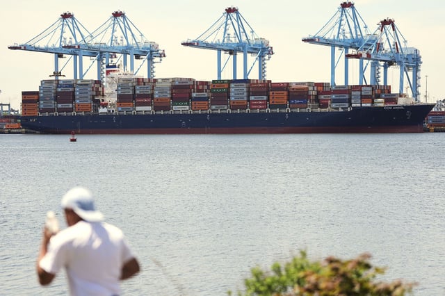 A container ship is moored at the port of the port of New York & New Jersey in Elizabeth, N.J., Monday May 12, 2025.