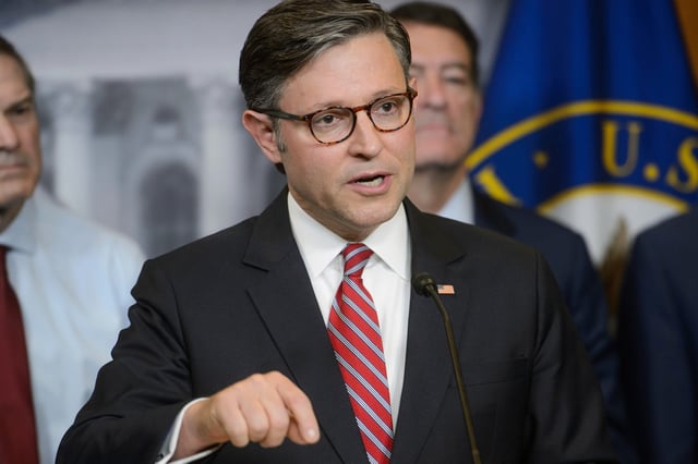Working It: Speaker of the House Mike Johnson, shown here at a news conference on May 20. On Sunday, he said on CBS's "Face the Nation with Margaret Brennan" that Medicaid work requirements have a "moral component" to them because people on Medicaid who "refuse" to work are "defrauding the system."