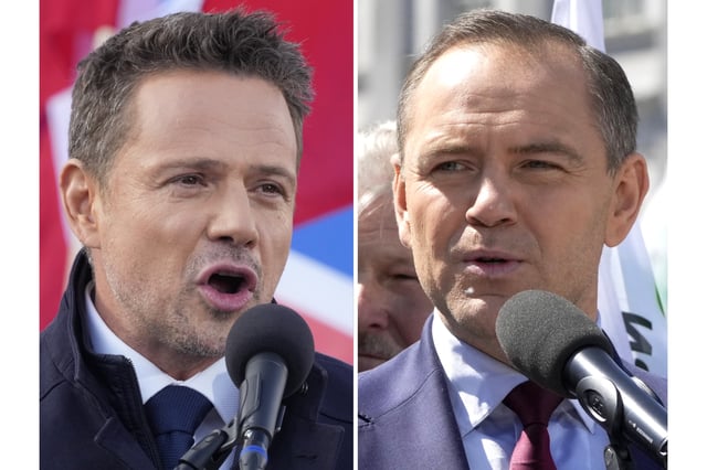This combination of photos shows Rafal Trzaskowski, left, in Warsaw, Friday, May 9, 2025, and Karol Nawrocki, right, in Warsaw, Poland, Tuesday, May 20, 2025 (AP Photos/Czarek Sokolowski, File)