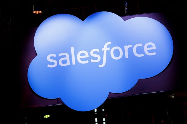 A logo of Salesforce is seen at its exhibition space, at the Viva Technology conference dedicated to innovation and startups at the Porte de Versailles exhibition center in Paris, France June 16, 2022. REUTERS/Benoit Tessier/File Photo