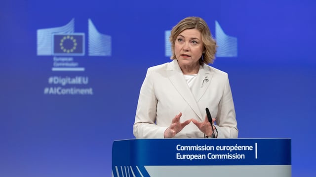 Henna Virkkunen, European Commissioner for Tech-Sovereignty, Security and Democracy, gives a press conference at the end of the weekly meeting of the College of Commissioners at EU headquarters in Brussels, Belgium, Wednesday, April 9, 2025.