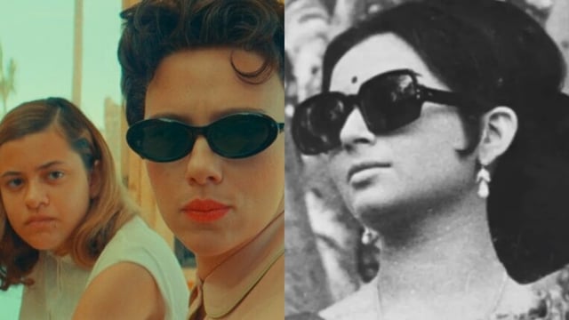Grace Edwards, Scarlett Johansson and Sharmila Tagore in stills from Asteroid City and Aranyer Din Ratri. 