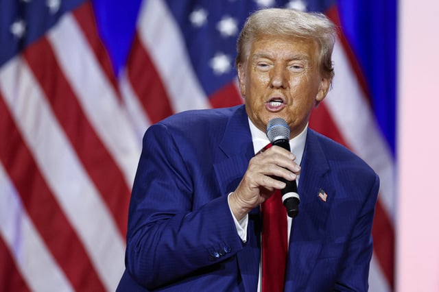 US President Donald Trump speaks during a town hall meeting at La Crosse Center in La Crosse, Wisconsin, on August 29, 2024.