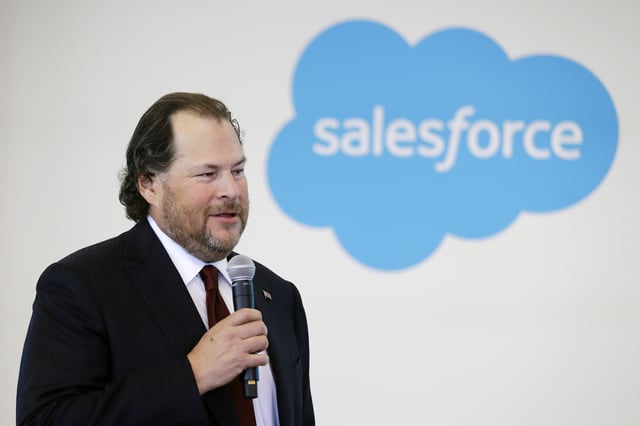 FILE - In this May 16, 2019, file photo, Salesforce chairman Marc Benioff speaks during a news conference, in Indianapolis. (AP Photo/Darron Cummings, File)