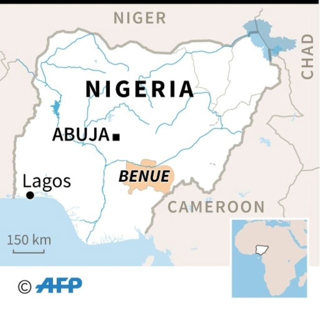 Map of Nigeria locating Benue state, where dozens of people have died in clashes between cattle herders and farmers.