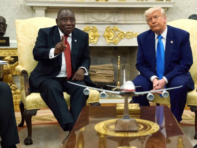 President Donald Trump meets South Africa's President Cyril Ramaphosa in the Oval Office of the White House, Wednesday, May 21, 2025, in Washington. (AP Photo/Evan Vucci)