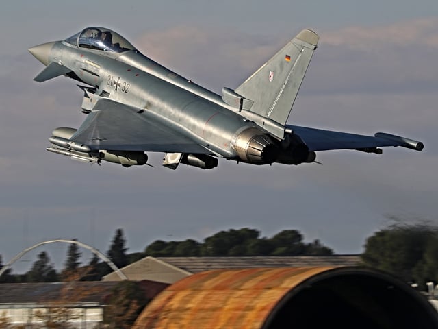 The Eurofighter EF-2000 Typhoon of the Luftwaffe (German Air Force) takes off from Los Llanos military air base during the Tactical Leadership Programme in Albacete, Spain, on November 21, 2024. (Photo by Joan Valls/Urbanandsport /NurPhoto)