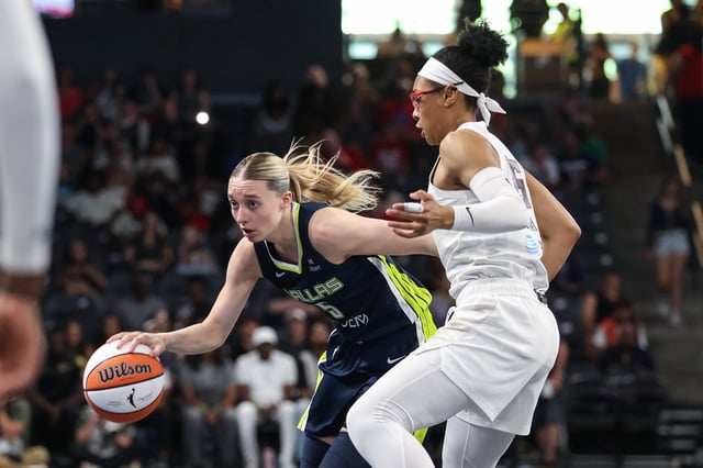 Dallas Wings guard Paige Bueckers tries to make a move on Atlanta Dream guard Allisha Gray during the first quarter at Gateway Center Arena on May 24, 2025.