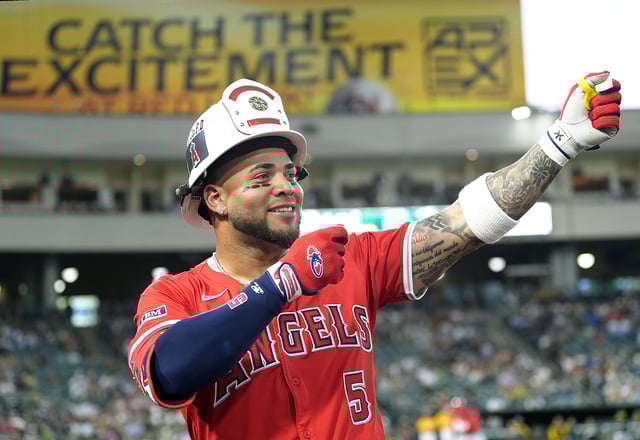 SACRAMENTO, CALIFORNIA - MAY 20: Yoán Moncada #5 of the Los Angeles Angels celebrates his three-run home run against the Athletics in the top of the fifth inning at Sutter Health Park on May 20, 2025 in Sacramento, California.