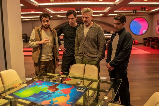 Four tech titans — portrayed by Ramy Youseff, left, Cory Michael Smith, Steve Carell and Jason Schwartzman — “hunker in the bunker” of a mountain retreat as the spread of misinformation leads to violence around the world in “Mountainhead.” (Courtesy of Warner Bros. Discovery)