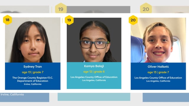 Contestants in the 2025 Scripps National Spelling Bee from Orange and Los Angeles counties are Sydney Tran, 13, from El Rancho Charter School in Anaheim; Kamya Balaji, 12, from Notre Dame Academy in Rancho Park; and Oliver Halkett, 13, from gthe Mirman School in Brentwood. (Courtesy photos)