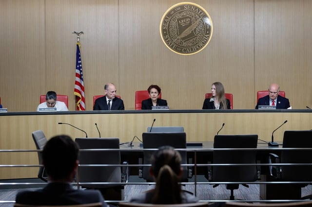 State senators meet during a suspense file hearing at the Capitol Annex Swing Space in Sacramento on May 23, 2025. (Fred Greaves for CalMatters)