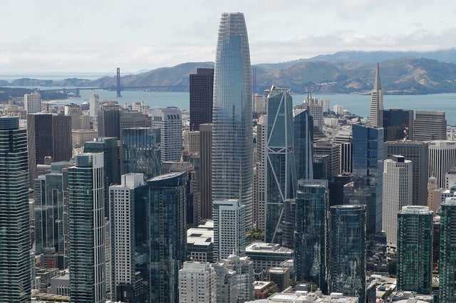 FILE: An aerial view of Salesforce Tower in San Francisco on May 30, 2023. The tower’s namesake company is buying the publicly traded Informatica.