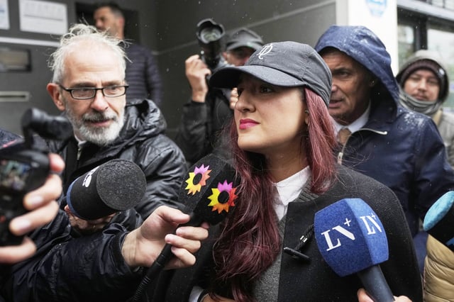 Jana Maradona, daughter of the late soccer star Diego Maradona, arrives at court for a hearing in the trial of health professionals accused of negligence in his death, in San Isidro on the outskirts of Buenos Aires, Argentina, Tuesday, May 27, 2025. (AP Photo/Gustavo Garello)