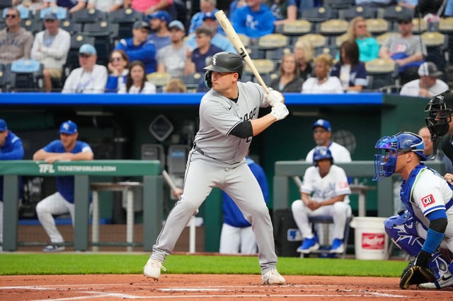 May 6, 2025; Kansas City, Missouri, USA; Chicago White Sox designated hitter Matt Thaiss (29) at bat against the Kansas City Royals at Kauffman Stadium. Mandatory Credit: Denny Medley-Imagn Images