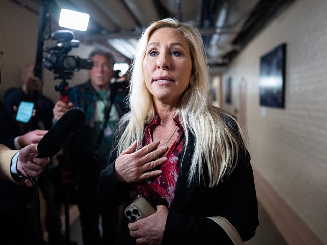 UNITED STATES - APRIL 8: Rep. Marjorie Taylor Greene, R-Ga., talks with reporters a meeting of the House Republican Conference in the U.S. Capitol on Tuesday, April 8, 2025. (Tom Williams/CQ-Roll Call, Inc via Getty Images)