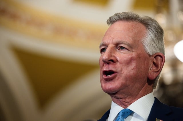 Sen. Tommy Tuberville (R-AL) speaks during a news conference following the weekly Senate Republican policy luncheon at the U.S. Capitol on March 4, 2025 in Washington, DC.