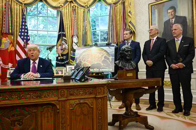 US President Donald Trump, with (L-R) Secretary of Defense Pete Hegseth, Senator Kevin Cramer (R-North Dakota) and Senator Dan Sullivan (R-Alaska) speaks during an announcement about the Golden Dome missile defense shield, in the Oval Office of the White House on May 20, 2025, in Washington, DC.
