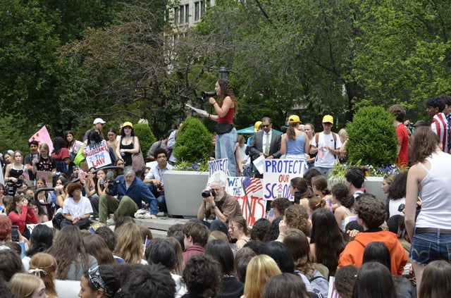 Nava Litt, a senior at Bronx Science speaks during a New York City protest against the Trump administration on Tuesday afternoon in Union Square Park. (Cayla Bamberger/New York Daily News)