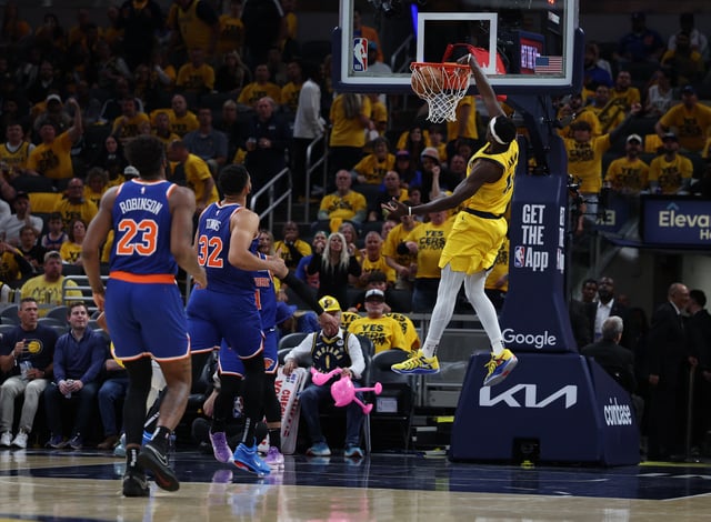 May 27, 2025; Indianapolis, Indiana, USA; Indiana Pacers forward Pascal Siakam (43) dunks during the third quarter against the New York Knicks of game four of the eastern conference finals for the 2025 NBA Playoffs at Gainbridge Fieldhouse. Mandatory Credit: Trevor Ruszkowski-Imagn Images