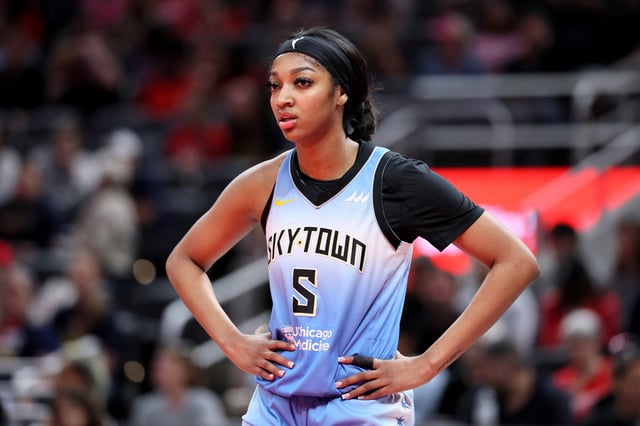Angel Reese #5 of the Chicago Sky looks on against the Indiana Fever during the first quarter in the game at Gainbridge Fieldhouse on June 01, 2024 in Indianapolis, Indiana.
