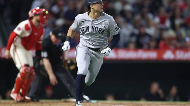 Anthony Volpe of the New York Yankees connects for an RBI single during the sixth inning against the Los Angeles Angels at Angel Stadium of Anaheim on Tuesday, May 27, 2025, in Anaheim, California. (Sean M. Haffey/Getty Images/TNS)