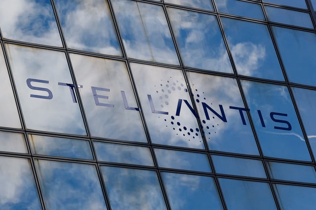 The logo of Stellantis sits on the company's building in Poissy, near Paris, France, February 26, 2025. REUTERS/Stephanie Lecocq/ File Photo