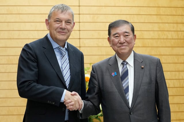 Philippe Lazzarini, head of the United Nations Relief and Works Agency for Palestine Refugees (UNRWA), is welcomed by Japan's Prime Minister Shigeru Ishiba at the prime minister's office in Tokyo, Japan May 27, 2025. KAZUHIRO NOGI/Pool via REUTERS/File Photo