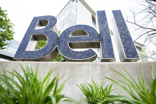 Bell Canada has announced it will open six artificial intelligence data centres in B.C. as part of a plan to create the largest AI compute project in Canada. Bell signage is seen at BCE Inc., headquarters in Montreal on May 7, 2025. THE CANADIAN PRESS/Christopher Katsarov