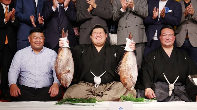 Onosato was presented with red bream to mark his elevation by the Yokozuna Deliberation Council