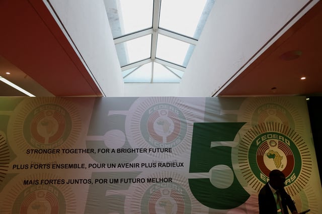 A banner is displayed inside the Eko Conventional Hall where leaders from the Economic Community of West African States (ECOWAS) will gather to celebrate the golden jubilee of the regional bloc in Nigeria's commercial capital, Lagos, Nigeria, May 28, 2025. REUTERS/Sodiq Adelakun