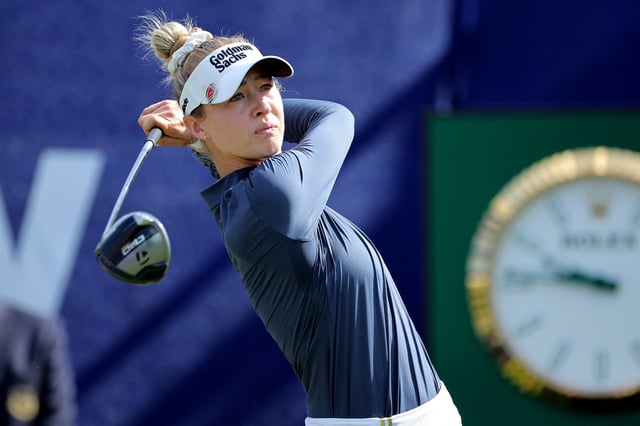 Apr 27, 2025; The Woodlands, Texas, USA; Nelly Korda hits a tee shot on the first hole during the final round of The Chevron Championship golf tournament. Mandatory Credit: Erik Williams-Imagn Images/File Photo